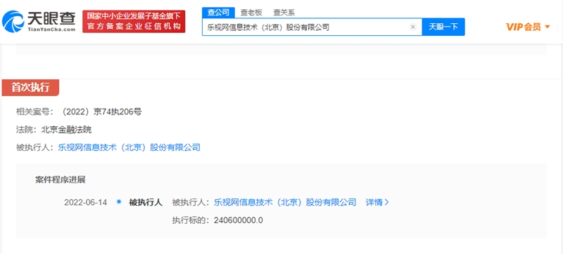 因连续十年财务造假 乐视网2.4亿罚款被强执